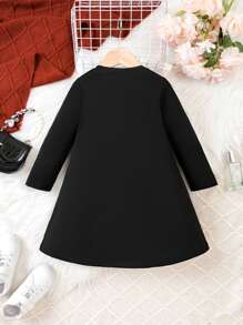 SHEIN 幼兒女童針織可愛小女孩圖案長袖連衣裙 - 黑色 - 查看 2