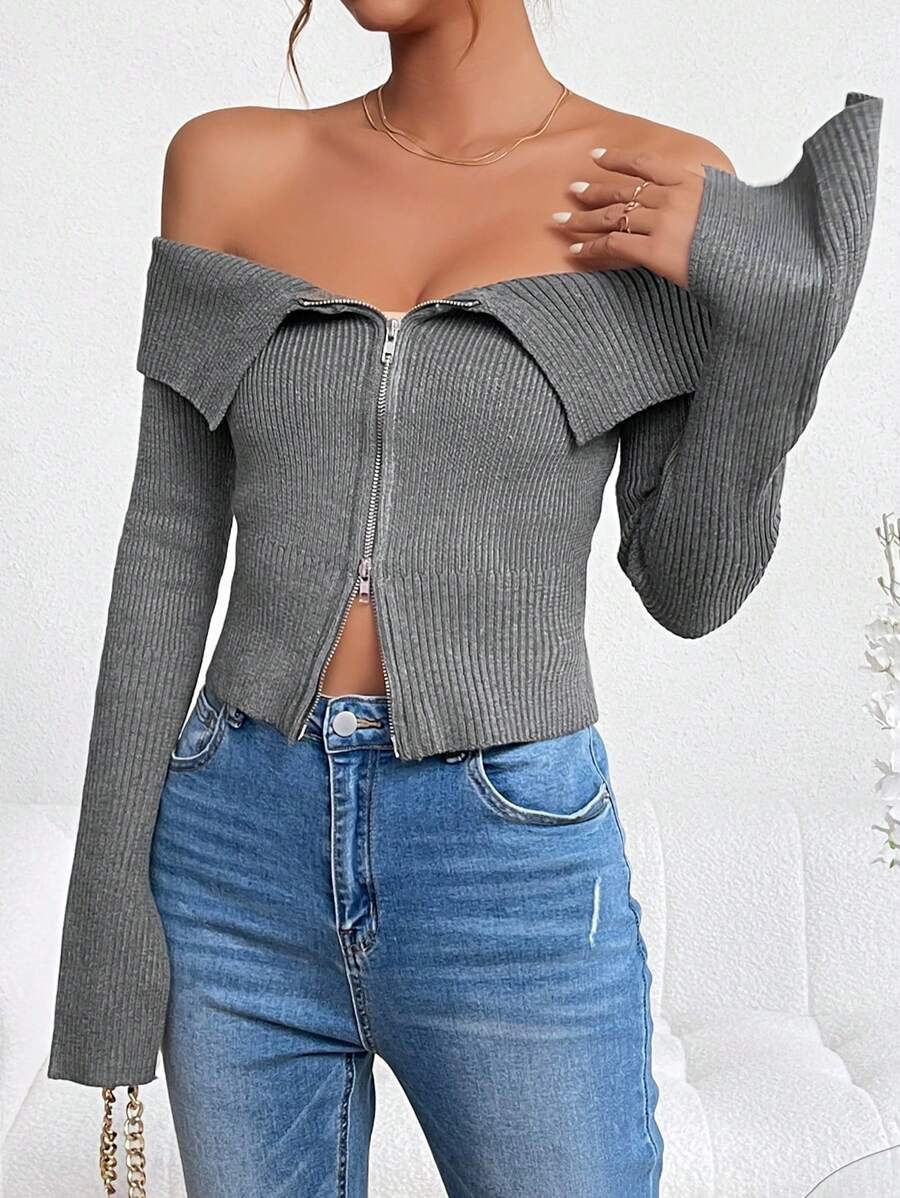 SHEIN Essnce Casual Collared Slim Fit Zipper Cardigan - Dark Grey - View 1