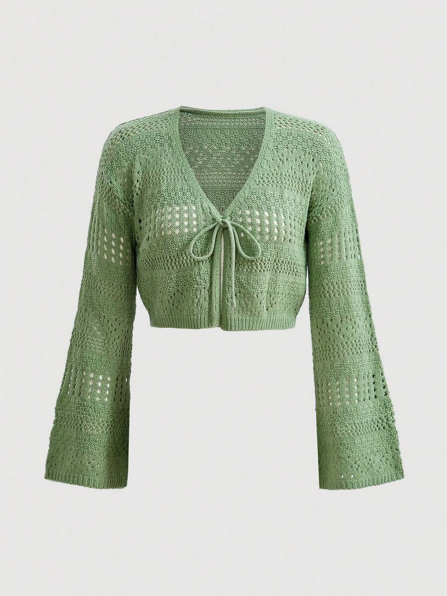 SHEIN MOD 女款針織空心鈴袖針織開衫 - 綠色 - 查看 1