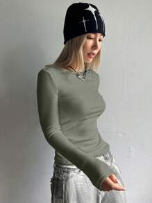 DAZY 女士保暖长袖T恤，秋季服装，保暖内衬，冬季 - 綠色 - 查看 4