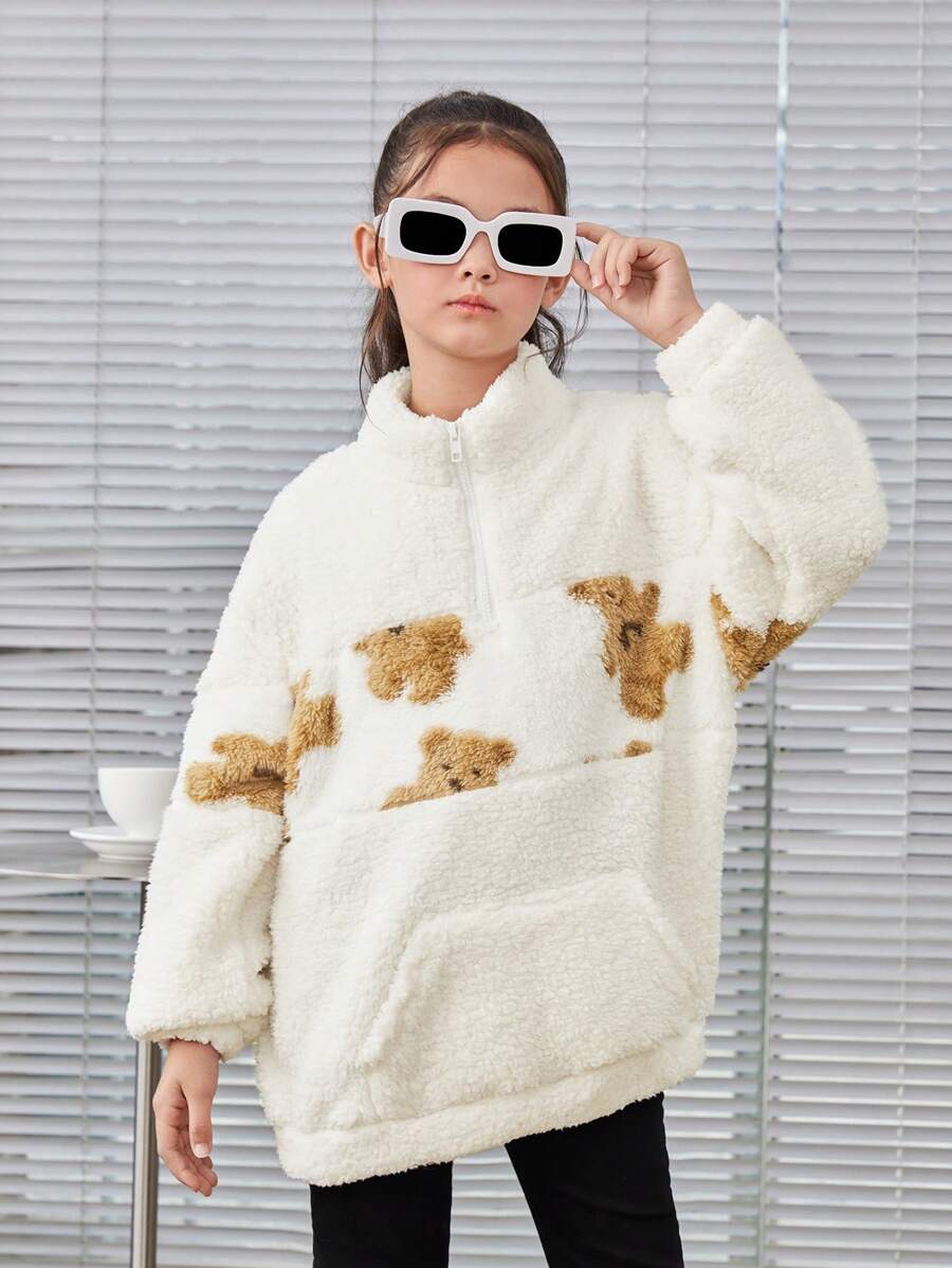 SHEIN Áo len lông cừu nửa khóa kéo thời trang đường phố dành cho nữ sinh Tween có in hình gấu hoạt hình - Nhiều màu - Xem 1
