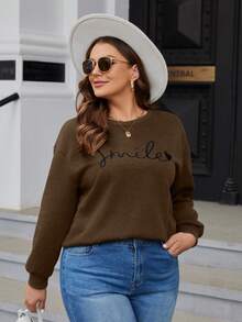 SHEIN LUNE Plus Size Women's Drop Shoulder Sweatshirt With Smiling Print - Khaki - View 3