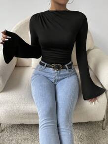 EMERY ROSE Mock Neck Flare Sleeve Bodysuit Fall Cloth For Women