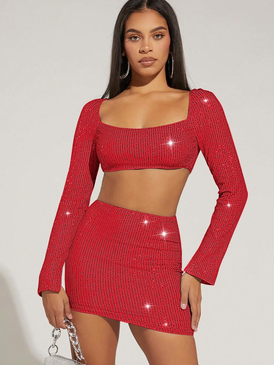 SHEIN BAE 女士闪亮露脐上衣和紧身裙套装 - 紅色 - 查看 1