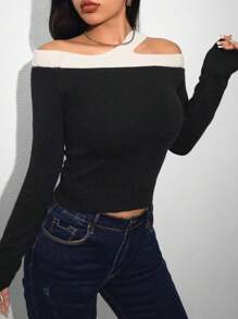 Zolique Women's Asymmetrical Collar Color-Block Sweater - Black - View 3
