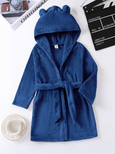 Roupão de pelúcia azul marinho simples com capuz e manga comprida para menino