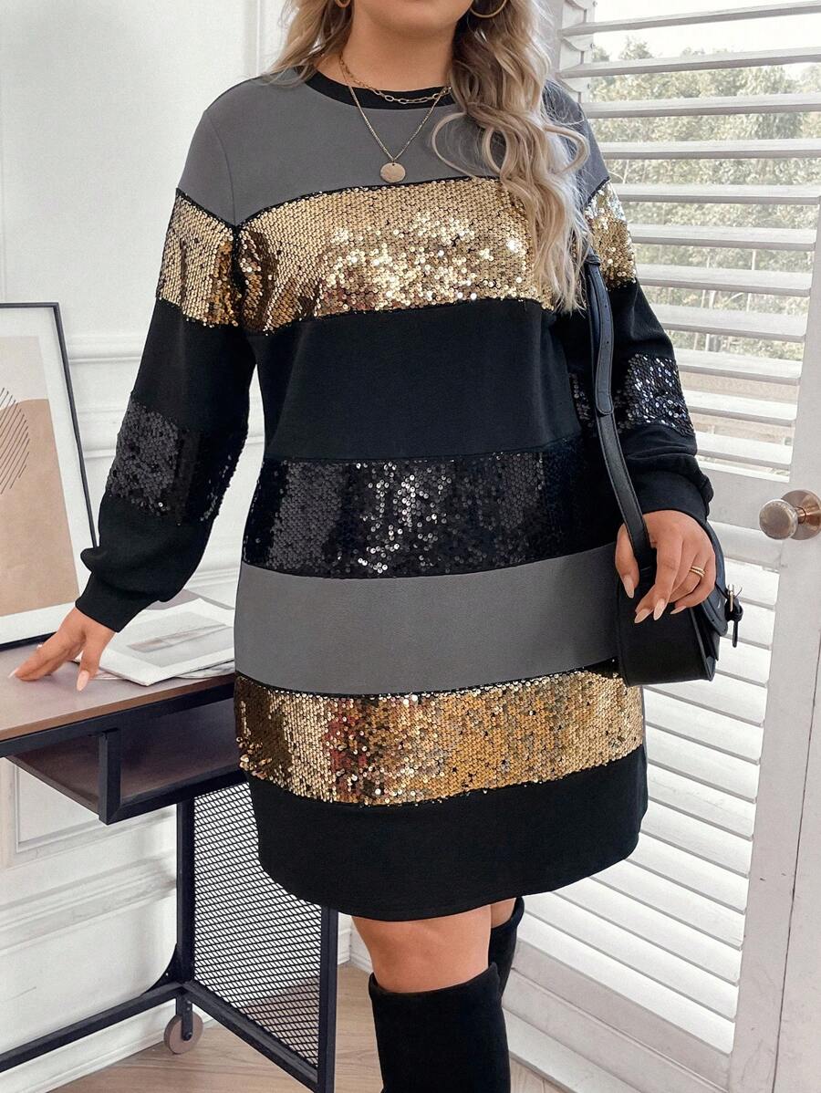 SHEIN LUNE 大码拼色圆领长袖亮片连衣裙 - 彩色 - 查看 1