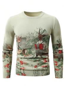 Manfinity Homme Men's Cute Girl & Deer Design Sweater - Green - View 1