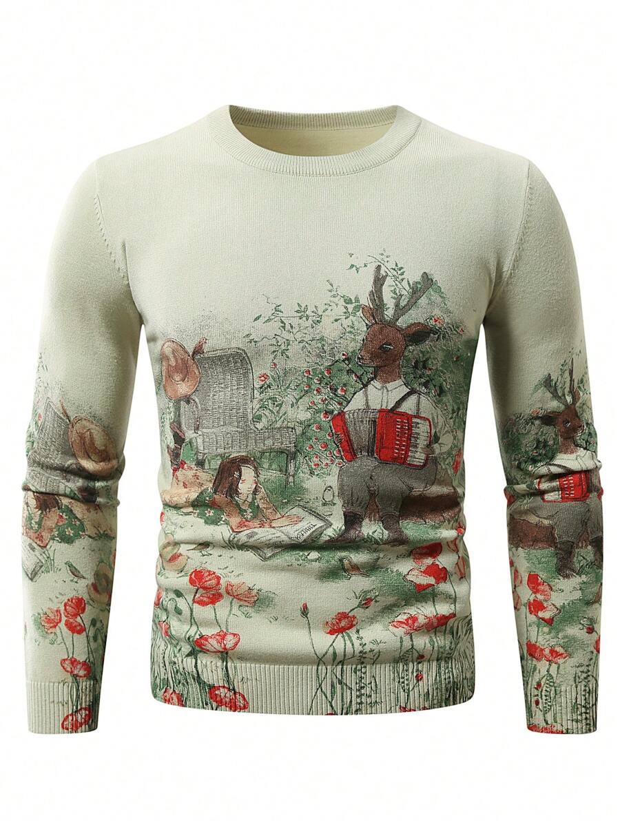 Manfinity Homme Men's Cute Girl & Deer Design Sweater - Green - View 1