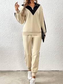 SHEIN LUNE 女士拼色拉链半开襟运动衫和紧身裤两件套 - 杏色 - 查看 3