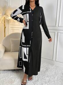 SHEIN Clasi 幾何印花前紐扣襯衫洋裝 - 黑色 - 查看 4