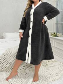 Women's Plus Size Color Block Plush Robe - Dark Grey - View 3