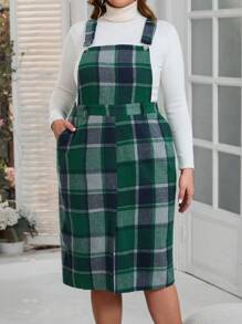 SHEIN LUNE Plus Size Casual Plaid Overall Dress For Autumn & Winter - Green - View 1