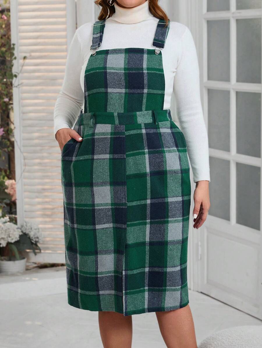 SHEIN LUNE Plus Size Casual Plaid Overall Dress For Autumn & Winter - Green - View 1
