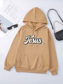 SHEIN EZwear 女字母印花袋鼠口袋抽繩連帽衫 - 卡其色 - 查看 1