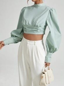 SHEIN Essnce Camisa De Manga Farol Con Diseño De Nudo En La Espalda Para Mujer - verde menta - Ver 3