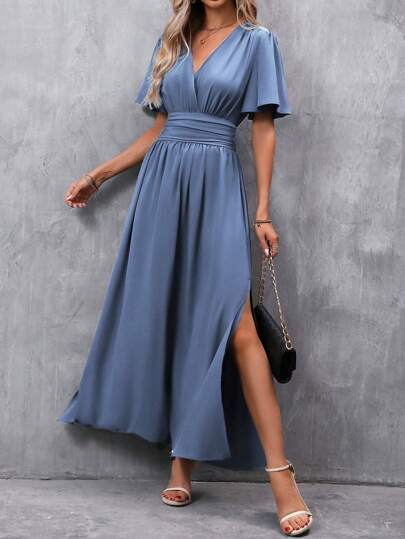 EMERY ROSE Butterfly Sleeve Surplice Neck Split Thigh Dress Maxi Women Outfit