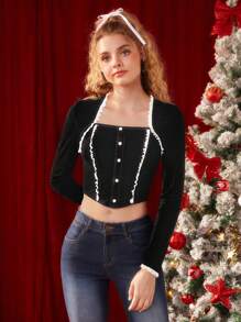 SHEIN MOD 女士彩色拼接前開襟短款t卹 - 黑色 - 查看 2