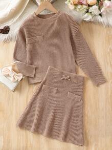 SHEIN Girls' Simple Sweater Set For Toddlers - Camel - View 1