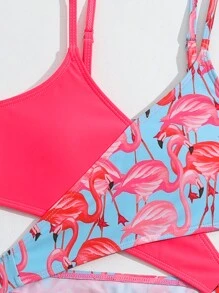Tween Girl Flamingo Printed Cross-Back Bikini Set Summer Beach - Pink - View 5