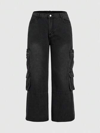 Grunge Punk جينز نسائي بحجم زائد لدينيم شحمي بجيوب شحن بدون تمدد