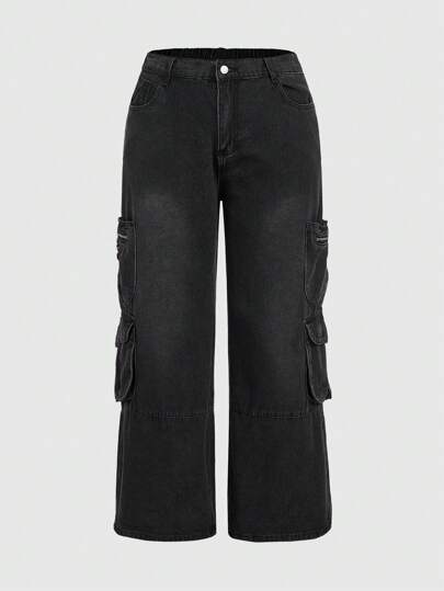 Grunge Punk Stretch-Free Plus Size Women'S Cargo Denim Jeans