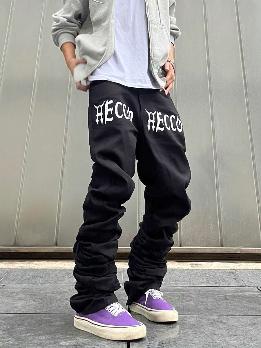 Manfinity Roghcode Men's Jeans With Letter Print - Black - View 1