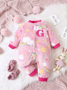 寶寶女孩可愛的獨角獸印花絨毛連體衣 - 玫紅色 - 查看 1