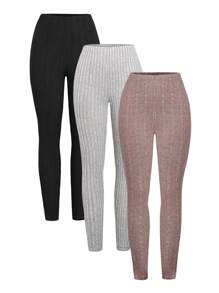SHEIN LUNE Women's Solid Color Mesh Ribbed Leggings 3-Pack Set - Multicolor - View 1