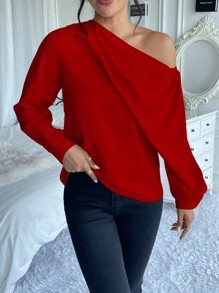 SHEIN Frenchy 女式純色不對稱領長袖襯衫 - 紅色 - 查看 3