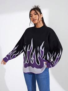 SHEIN EZwear 女款大尺碼圓領落肩火焰圖案拼色套頭毛衣 - 紫色 - 查看 4