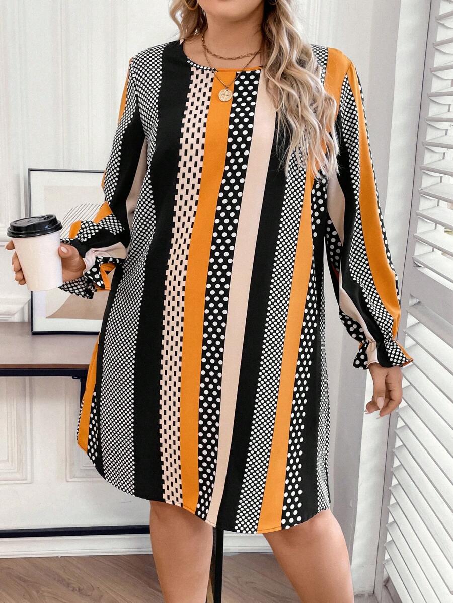 SHEIN LUNE 加大尺碼拼色荷葉袖連衣裙 - 彩色 - 查看 1