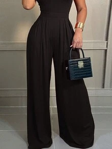 Pantalones De Cintura Elástica De Pierna Ancha Para Todas Las Estaciones - Negro - Ver 1