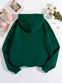 SHEIN EZwear 女款標語印花抽繩連帽抓絨運動衫 - 綠色 - 查看 2