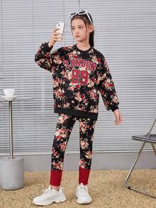 Cô gái Đúng mốt Người yêu Dệt kim Hoa In Vòng cổ Tay áo dài Áo nỉ Và Xà cạp Bộ - Nhiều màu - Xem 6