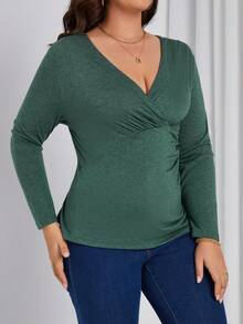 SHEIN Clasi Plus Size Solid Color Pleated T-shirt - Dark Green - View 5