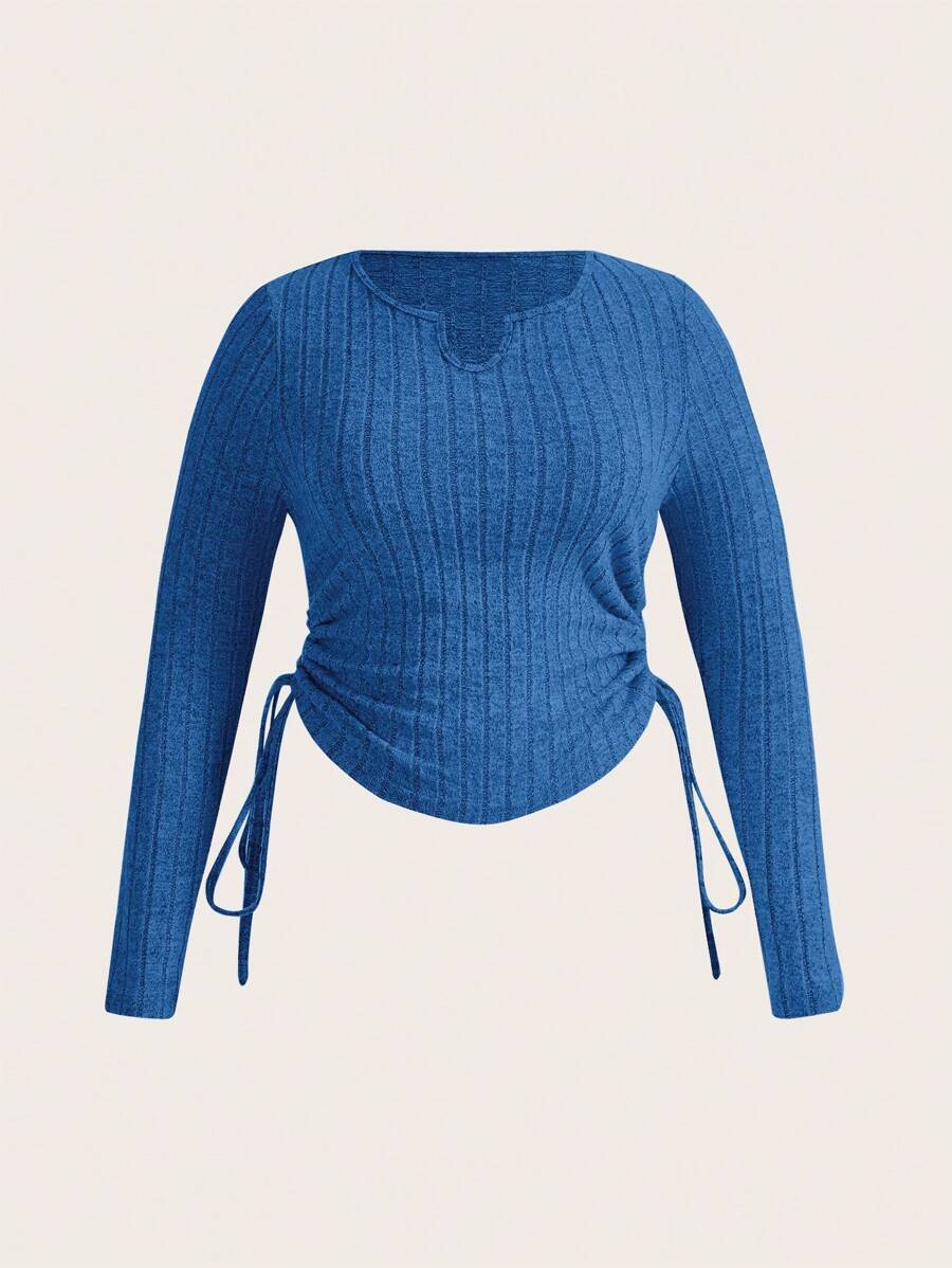 SHEIN EZwear Hơn Cổ có Lỗ hổng Bên dây rút Viền ven Áo phông Crop - Xanh đậm - Xem 1