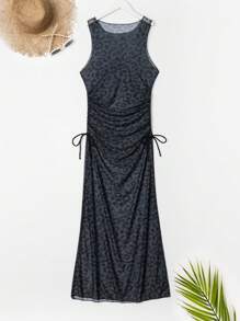 Swim SXY Summer Beach Leopard Print Pleated Design Sleeveless Cover Up - Black - View 3