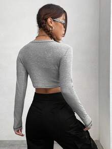 SHEIN EZwear 女性用肋紋修身短款t恤,帶有前鈕設計 - 灰色 - 查看 2