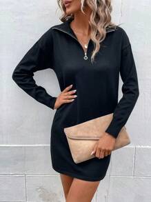 INAWLY Women'S Solid Color Half Zipper Neck Drop Shoulder Sweater Knit Pullover Fall Winter Outfit - Black - View 1