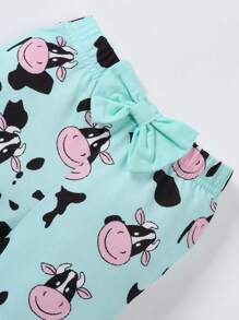 SHEIN 女宝宝可爱休闲字母和卡通奶牛印花连体衣和喇叭裤套装 - 綠色 - 查看 6