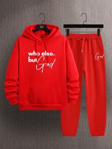 Manfinity Homme Men's Slogan Print Fleece Hoodie And Pants Set - Red - View 2