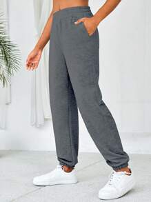 Cottnline Solid Slant Pocket Sweatpants - Dark Grey - View 3