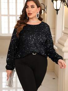 SHEIN Clasi Của phụ nữ Kích thước lớn Lấp lánh Tay áo lồng đèn Áo sơ mi - màu đen - Xem 3