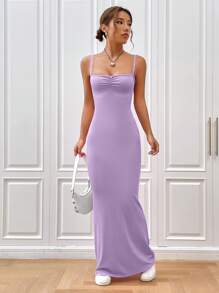 SHEIN EZwear Solid Color Ruched Bust Cami Dress - Purple - View 3