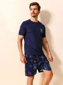 Men Tropical Print PJ Set / Pajama Set - Navy Blue - View 4