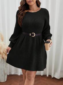 SHEIN Frenchy Váy len tay đèn lồng màu trơn cỡ lớn (Không bao gồm thắt lưng) cho mùa thu/đông - màu đen - Xem 1