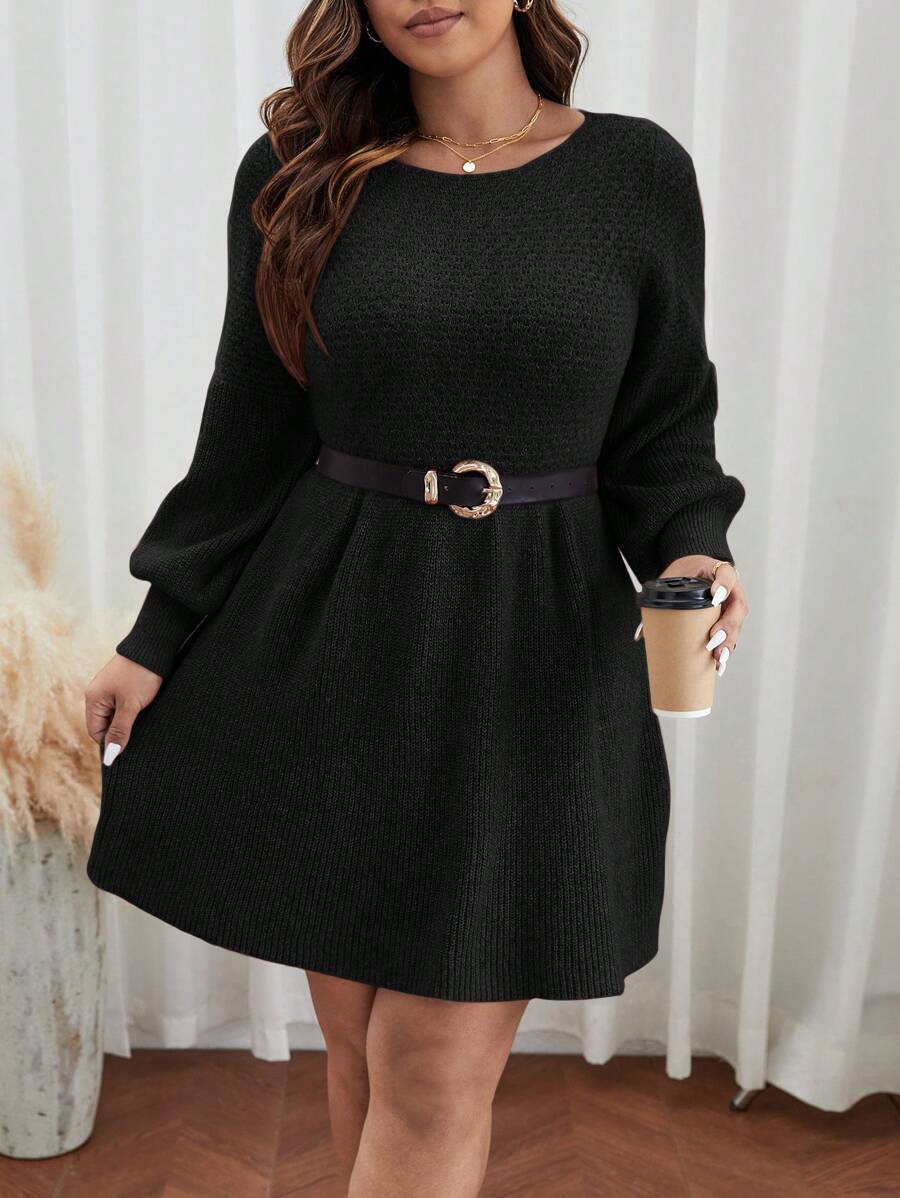 SHEIN Frenchy Váy len tay đèn lồng màu trơn cỡ lớn (Không bao gồm thắt lưng) cho mùa thu/đông - màu đen - Xem 1