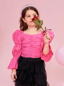 SHEIN Camisa Tejida Elegante Y Ajustada Con Mangas Hinchadas Y Cuello Acanalado De Pollo Y Estampado Floral Para Niñas Pequeñas, Ideal Para Ocasiones Elegantes Y Casuales - Rosa Fucsia - Ver 4