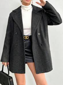 Cottnline Women's Herringbone Notched Lapel Double Breasted Woolen Coat - Dark Grey - View 3